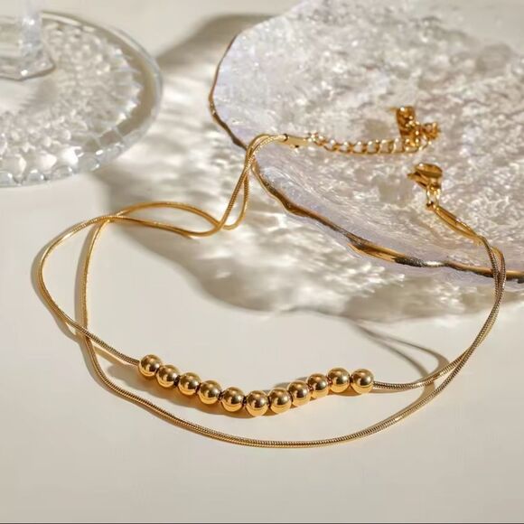 New 18k Gold Ss Double Snake Chain Anklet / Bracelet with Gold Beaded Detail - Picture 5 of 10